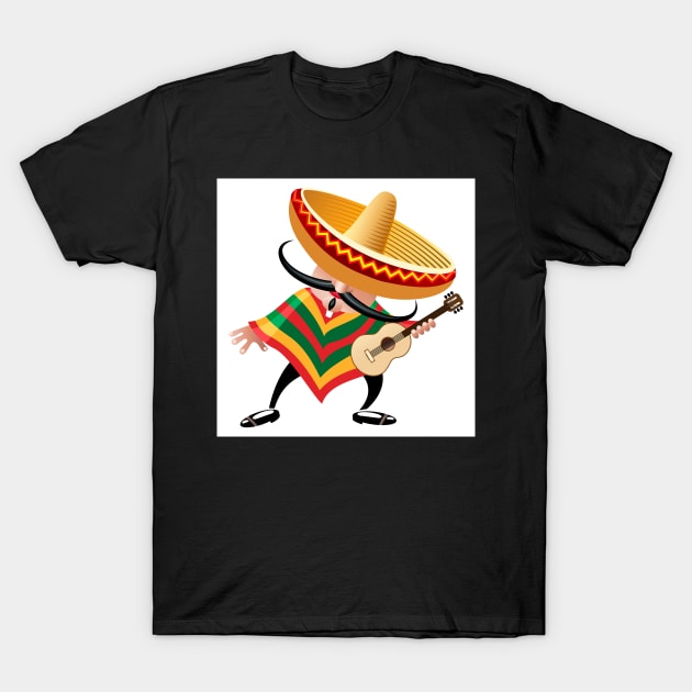 mexican musician in sombrero with guitar drawn in cartoon style T-Shirt by devaleta